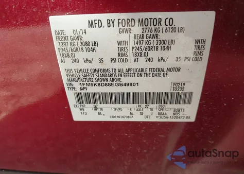 2014 Ford Explorer Xlt из США, поврежденный, VIN 1FM5K8D88EGB49801